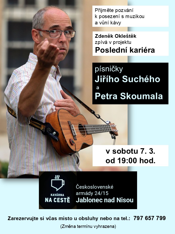 Pozvánka na hudební posezení s písničkami Jiřího Suchého a Petra Skoumala