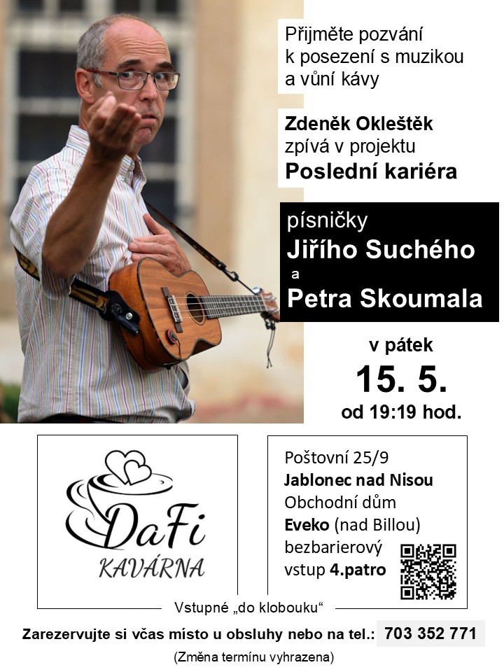 Pozvánka na hudební podvečer s písničkami Jiřího Suchého a Petra Skoumala