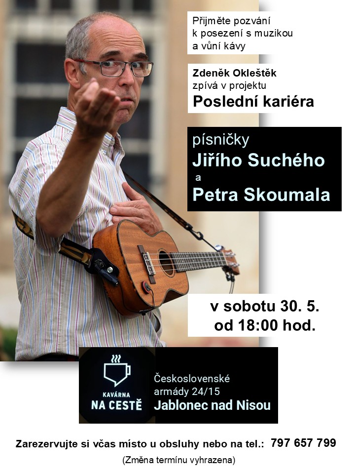 Pozvánka na hudební podvečer s písničkami Jiřího Suchého a Petra Skoumala