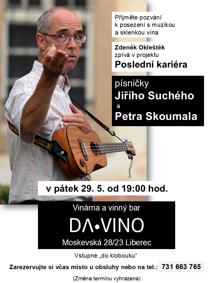 Pozvánka - hudební podvečer se sklenkou vína a písničkami Jiřího Suchého a Petra Skoumala